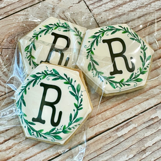 Wreath Cookies Personalized w/Initial -- 12 Count