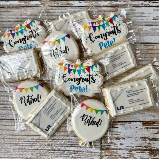 Retirement Cookies w/logo + Plaque & Balloons w/Colorful Banner -- 12 Count