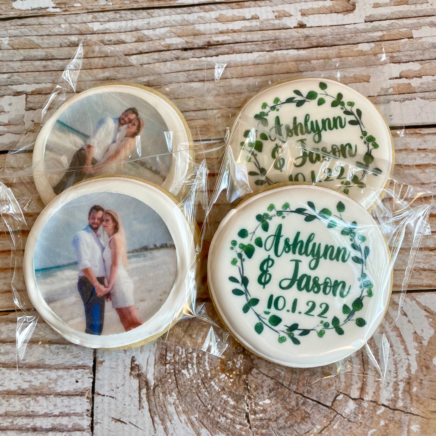 Photo Picture with Personalized Wreath Wedding Date Save the Date Cookies--12 Count