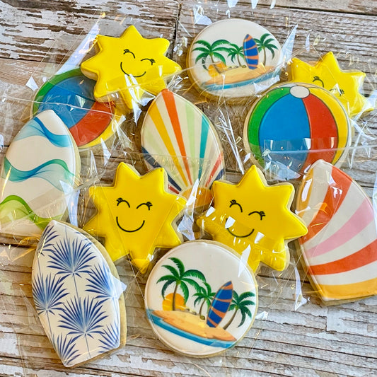 Summer Sunshine Surfboard Beach balls themed Pool Party Cookies--12 Count