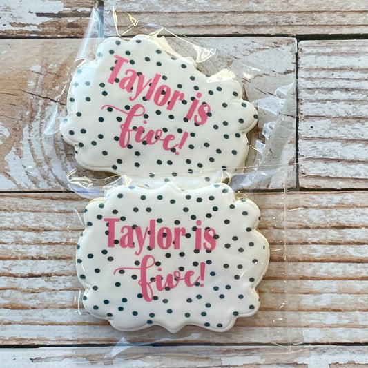 Plaque Shaped Pink w/black Polka Dots Birthday Name and Age Cookies--12 Count