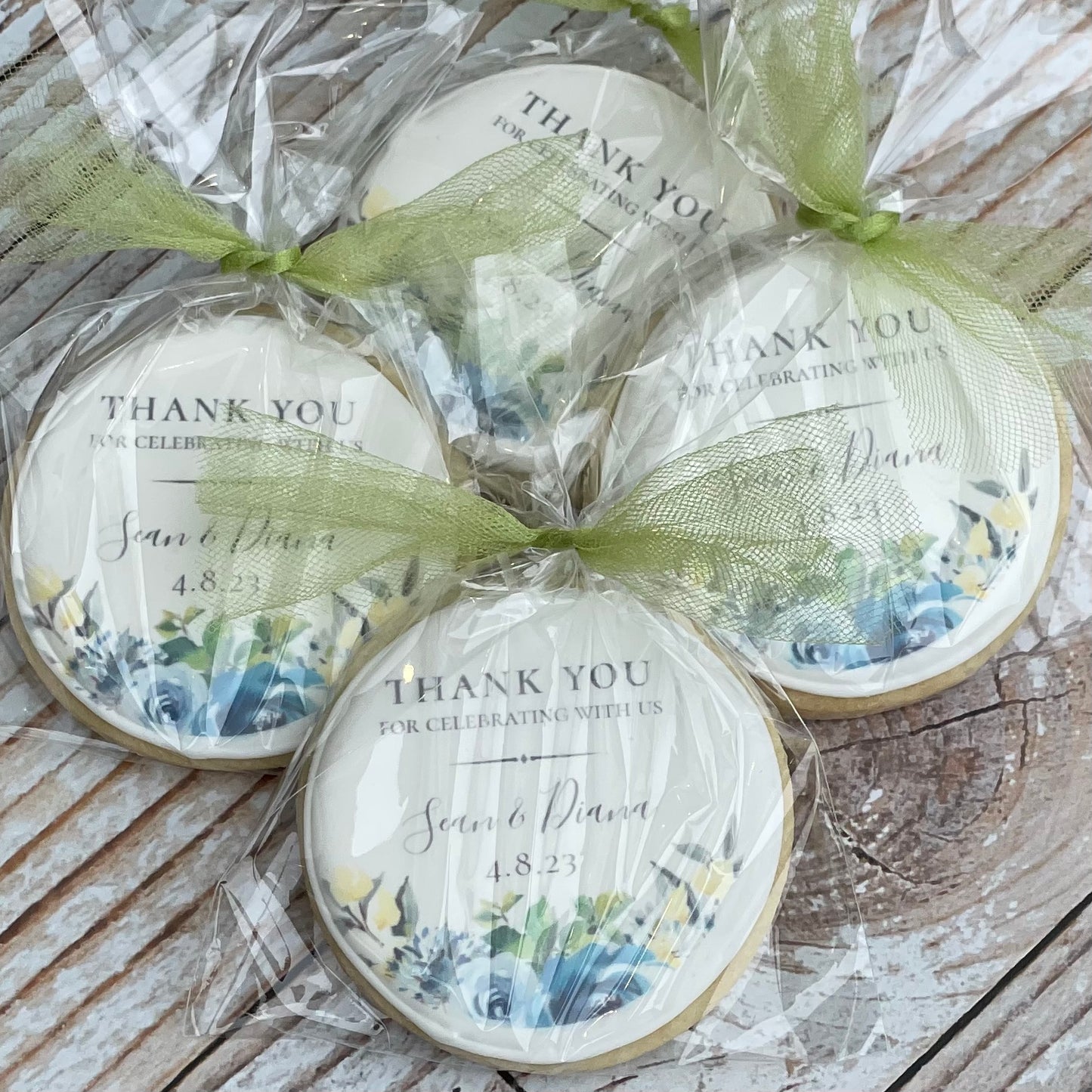 Personalized Thank You for Celebrating with Us Blue Floral Wedding Cookies--12 Count
