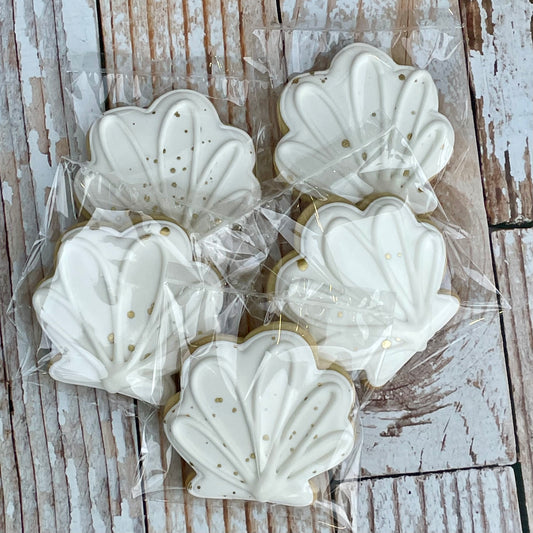 Beach Themed White Sea Shells with Metallic Gold Splatter Bridal Shower Cookies -- 12 Count