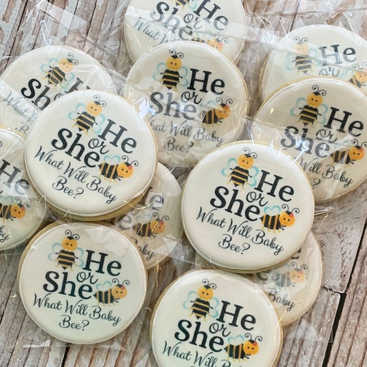 He or She What will it Be Gender Reveal Baby Shower Bee Gender Neutral Themed Cookies--12 Count