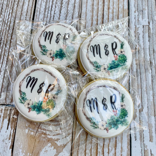 Succulent Bridal Wreath Custom Cookies w/initials-- 12 Count